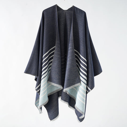Damen Oversize-Ruana‑Überwurf aus Kaschmir‑Touch Wollmix mit Fransensaum und Streifendetail Shop Nory