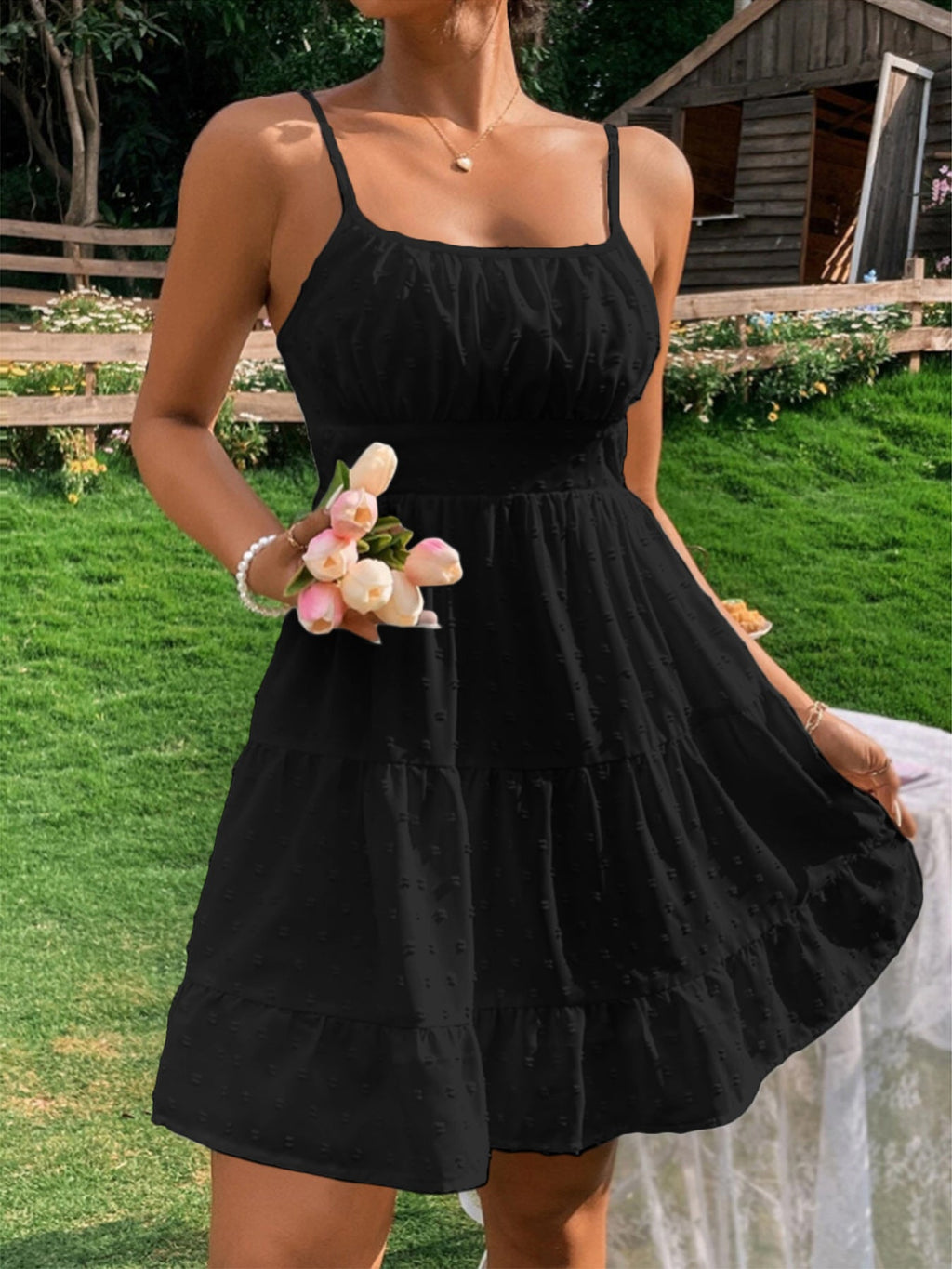 Damen Sommerkleid mit Rüschen und verstellbaren Spaghettiträgern