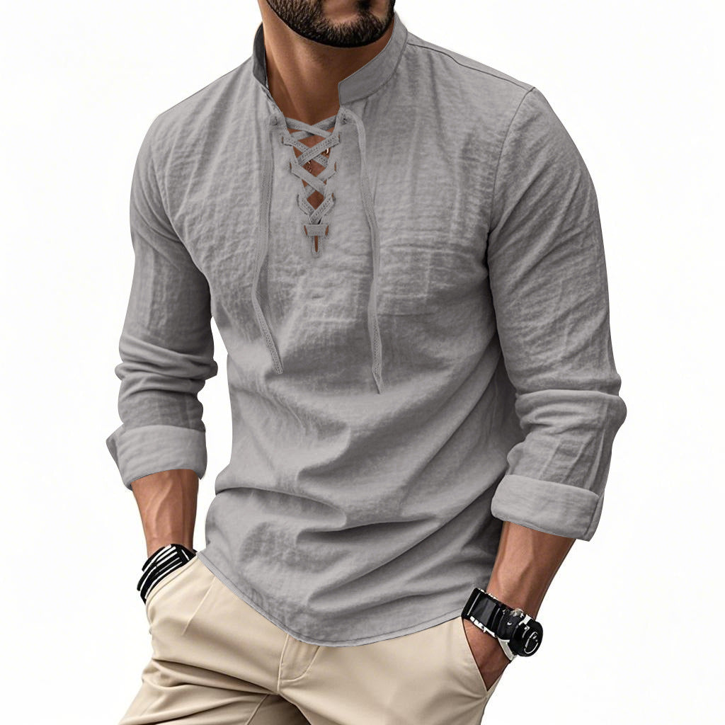 Herren nan Leinenoptik Langarmshirt mit Schnürung V-Ausschnitt und Stehkragen Shop Nory