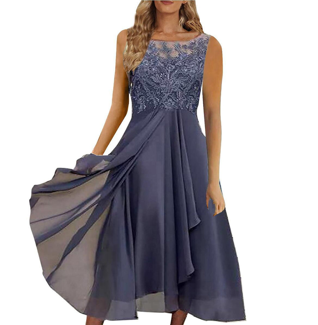 Damen nan ärmelloses Chiffon-Midikleid mit bestickter Illusionsspitze, Schiff-Ausschnitt und mehrlagigem Schwingrock