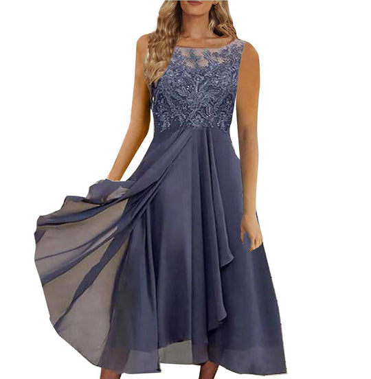 Damen nan ärmelloses Chiffon-Midikleid mit bestickter Illusionsspitze, Schiff-Ausschnitt und mehrlagigem Schwingrock