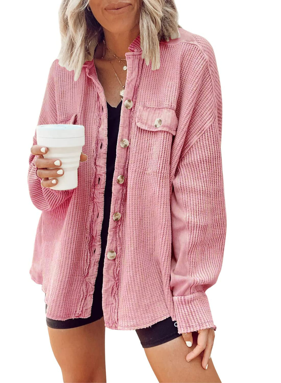Damen Lässige Waffle-Strickjacke mit praktischen Taschen und Knopfdetails