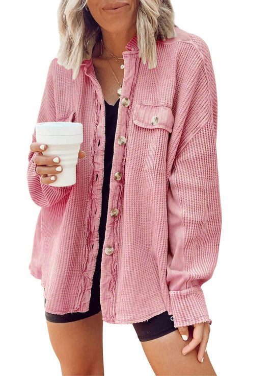 Damen Lässige Waffle-Strickjacke mit praktischen Taschen und Knopfdetails