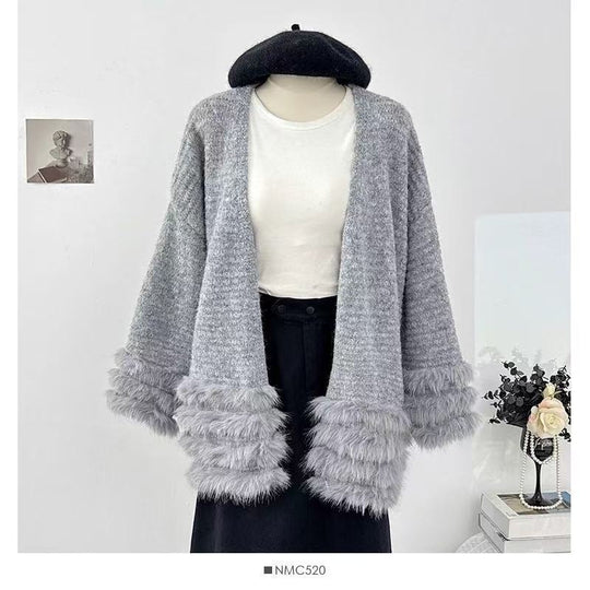 Damen Flauschiger Cardigan mit Kunstfellkragen Shop Nory