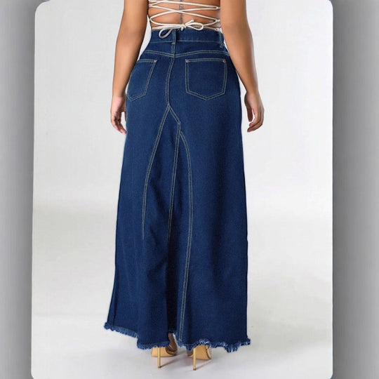 Damen taillenhoher A‑Linien Denim‑Maxirock mit dekorativen Nähten und rohem Fransen Saum Shop Nory