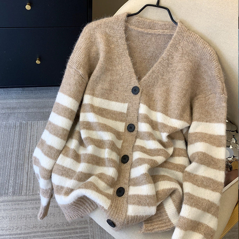 Damen Gemütlicher Strickcardigan mit V-Ausschnitt und Streifen Shop Nory