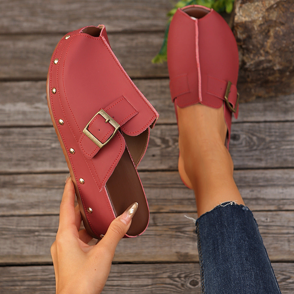 Damen Clogs mit modischem Schnallen-Design und trendiger Metallverzierung