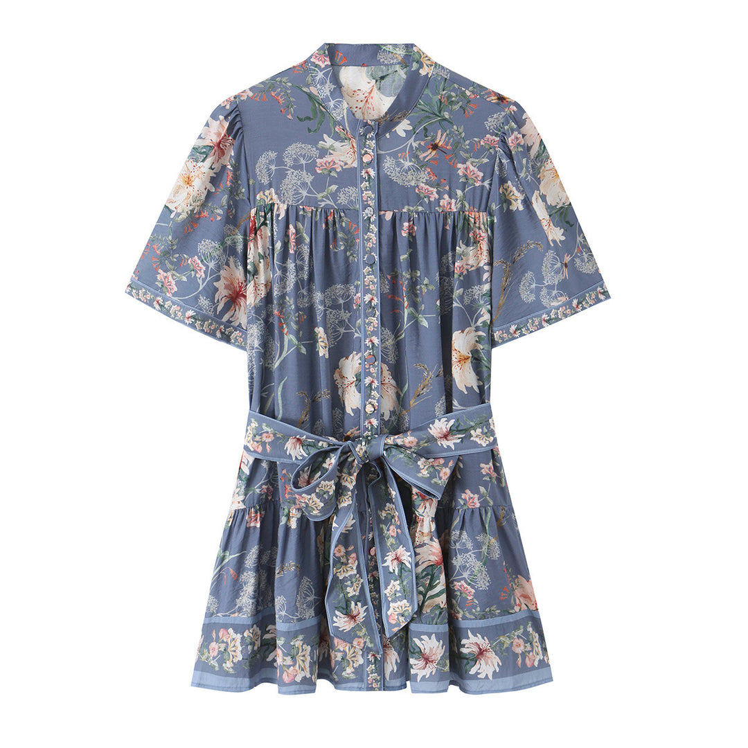 Damen Geblümtes Hemdblusenkleid mit Taillengürtel und stufigem Rock Shop Nory