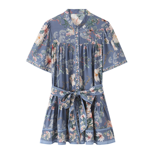 Damen Geblümtes Hemdblusenkleid mit Taillengürtel und stufigem Rock Shop Nory