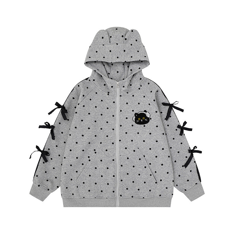 Damen Kapuzen‑Sweatjacke mit Punkte‑Allover, Katzen‑Patch, Schleifenärmeln und Ohrenkapuze Shop Nory