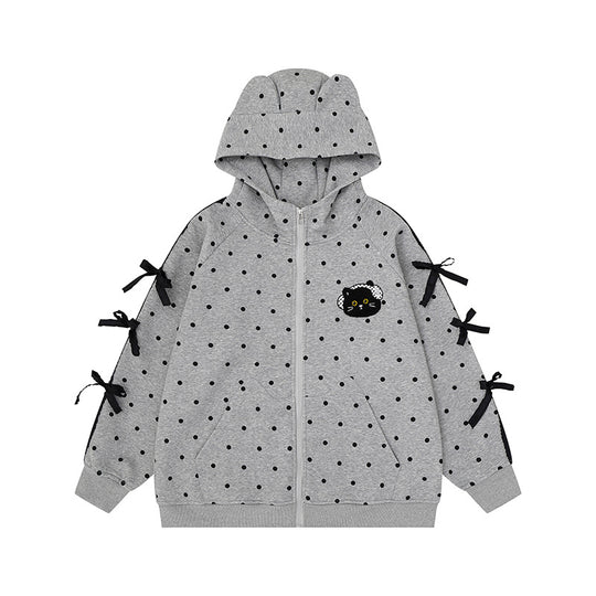 Damen Kapuzen‑Sweatjacke mit Punkte‑Allover, Katzen‑Patch, Schleifenärmeln und Ohrenkapuze Shop Nory