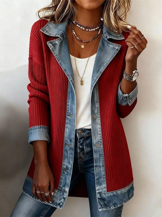 Damen Longline-Strickcardigan mit Jeanskragen und Saumbesatz Shop Nory