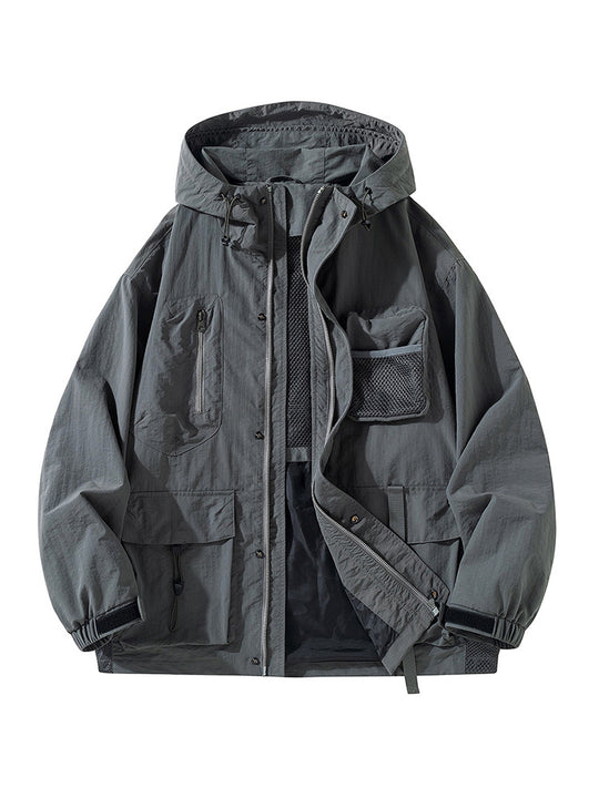 Herren Technische Utility-Outdoorjacke mit Kapuze Multifunktionstaschen und Mesh-Innenfutter Shop Nory