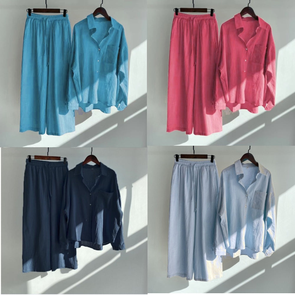 Damen Lockeres Zweiteiliges Viskose-Loungewear-Set mit Hemdbluse und weiter Palazzohose Shop Nory