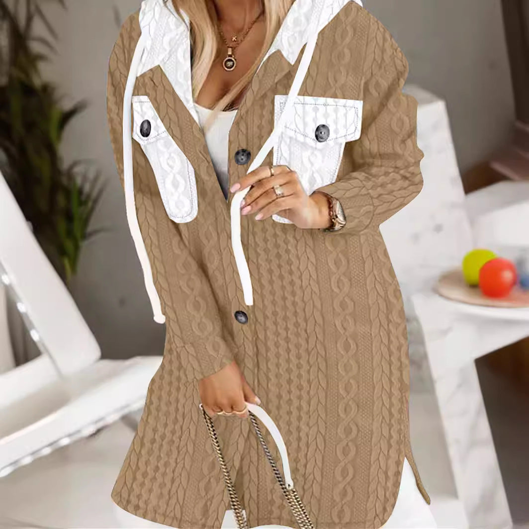 Damen Longline-Strickmantel mit Kapuze, Zierknöpfen und Kontrasttaschen Shop Nory