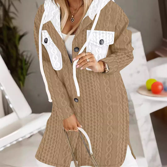 Damen Longline-Strickmantel mit Kapuze, Zierknöpfen und Kontrasttaschen Shop Nory