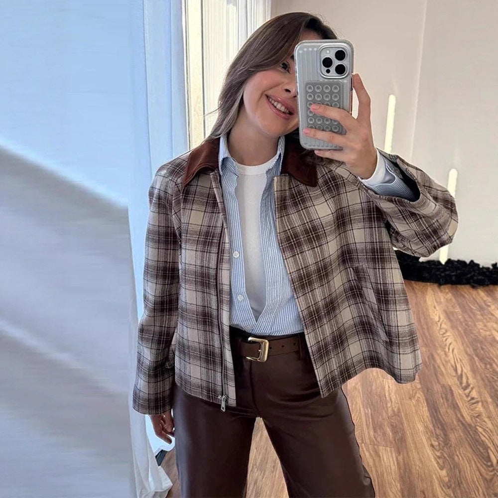 Damen Kastige karierte Übergangsbluse mit kontrastierendem Hemdkragen Shop Nory