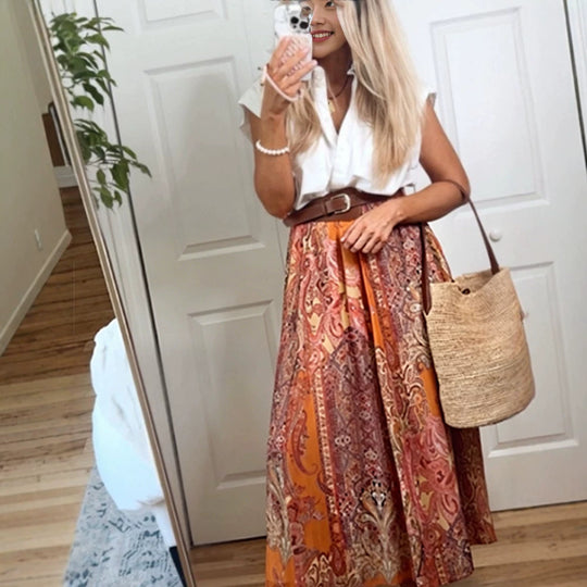 Damen Luftiger Maxirock mit Paisley-Print, Plissee-Optik und taillenbetonter Falte Shop Nory