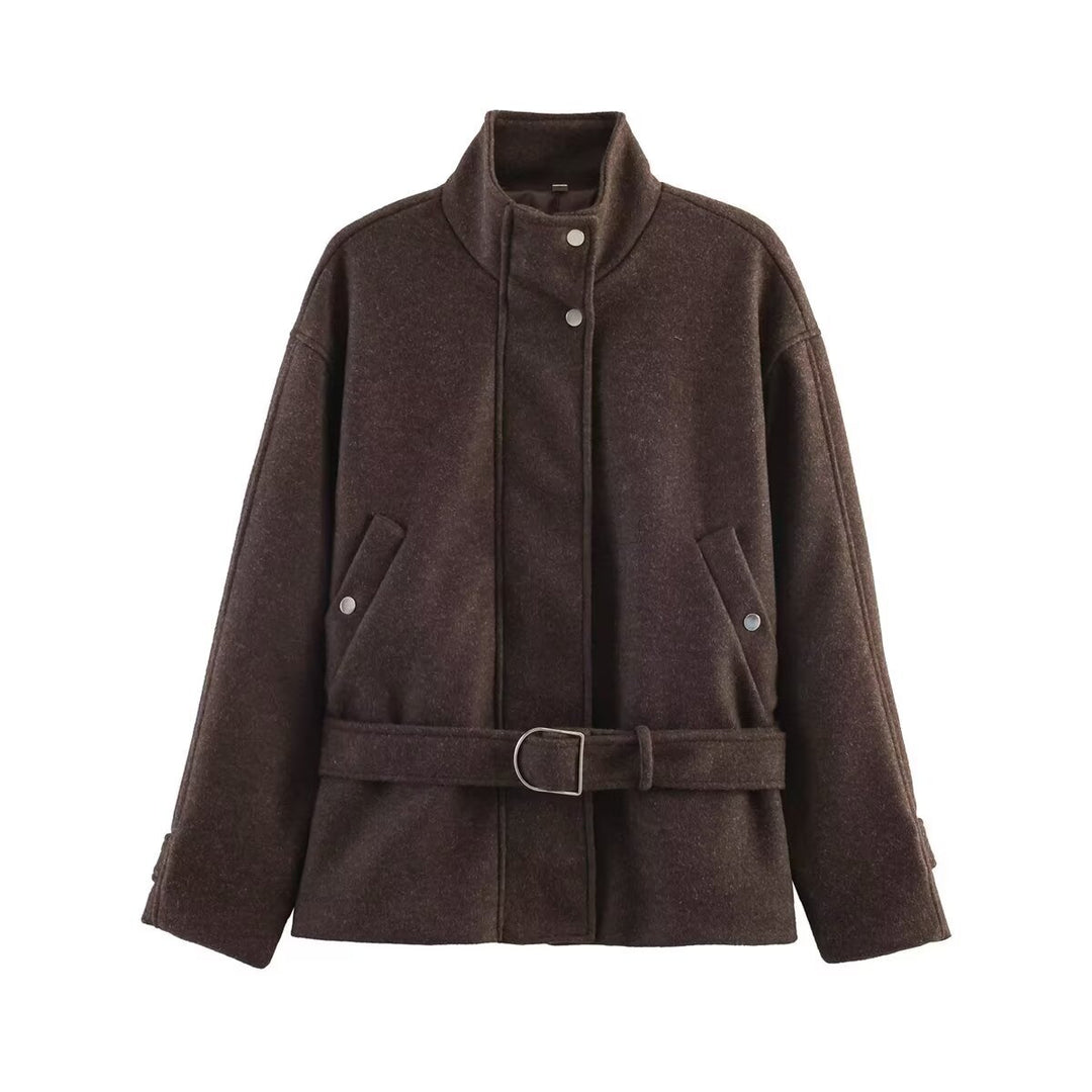 Damen Kurzjacke im kastigen Schnitt aus Wollmix mit Stehkragen und Taillengürtel Shop Nory