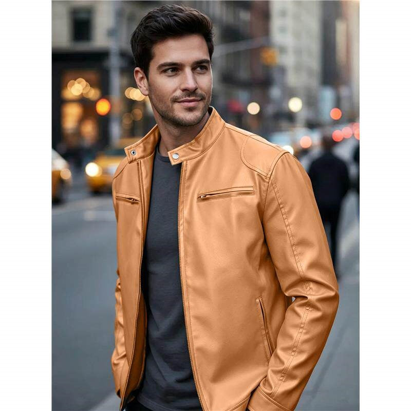 Herren Biker‑Style Kunstlederjacke mit Stehkragen und Reißverschlusstaschen Shop Nory