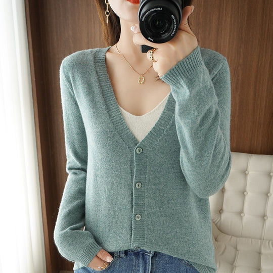 Damen Leichter V‑Ausschnitt-Cardigan aus Kaschmir‑Mix mit feiner Rippkante Shop Nory