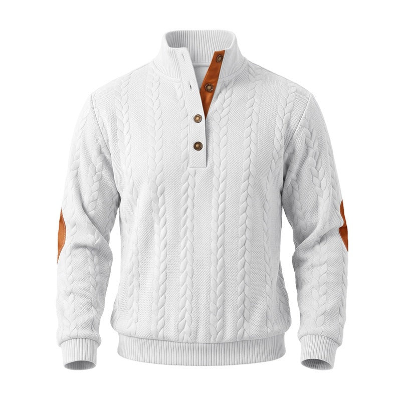 Herren Edler Zopfmuster-Strickpullover mit Kurzknopfleiste und Ellenbogenpatches Shop Nory