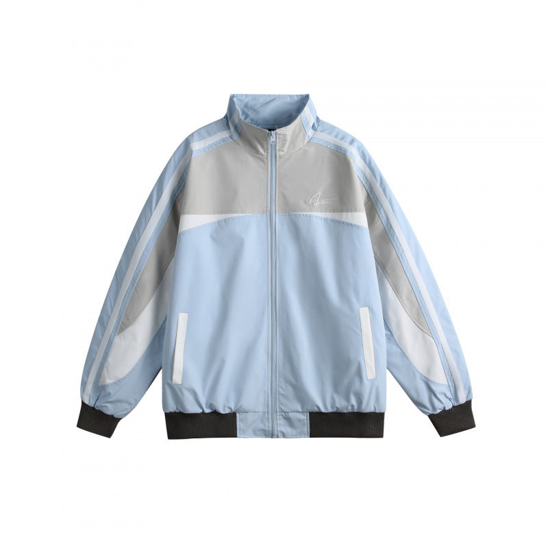 Unisex Leichte Retro-Trackjacke mit Stehkragen, kontrastierenden Streifen und gerippten Bündchen Shop Nory