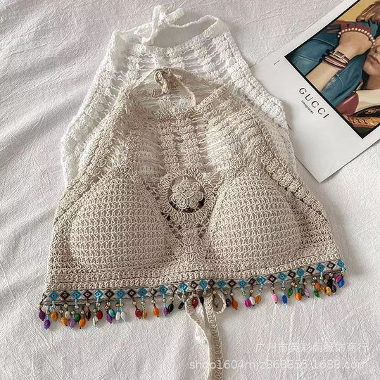 Damen gehäkeltes Bikinioberteil mit bunten Quasten