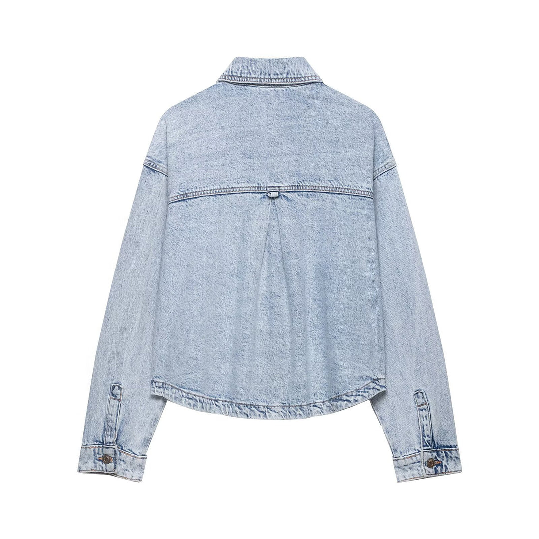 Damen Boxy Cropped Denim-Workerjacke mit großen aufgesetzten Fronttaschen Shop Nory