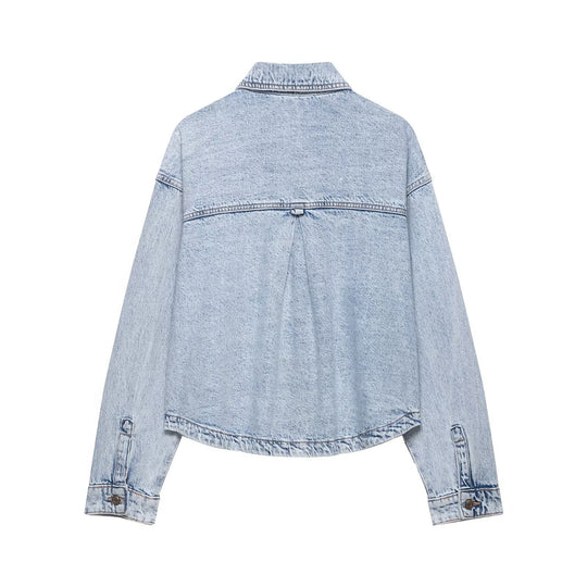 Damen Boxy Cropped Denim-Workerjacke mit großen aufgesetzten Fronttaschen Shop Nory