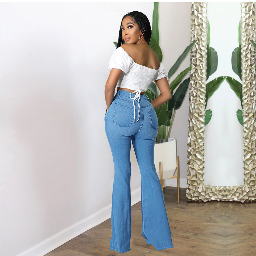 Damen Hochtaillierte Schlaghose aus Stretch‑Denim mit Knieausrissen und formendem Bund Shop Nory