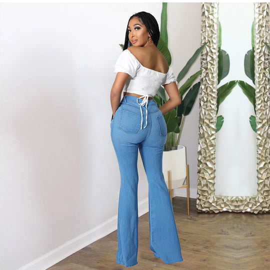 Damen Hochtaillierte Schlaghose aus Stretch‑Denim mit Knieausrissen und formendem Bund Shop Nory