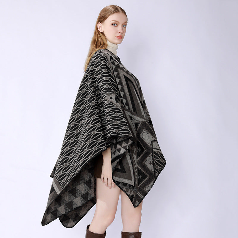 Damen Strukturiertes Jacquard-Poncho-Überwurf mit grafischem Ethno-Muster und offenem Kimono-Fall Shop Nory