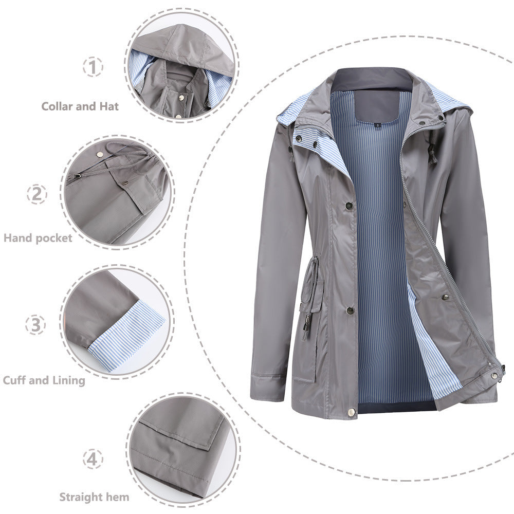 Damen Wetterfeste Regenjacke mit verstellbarem Kapuzenkragen und Taillenzug