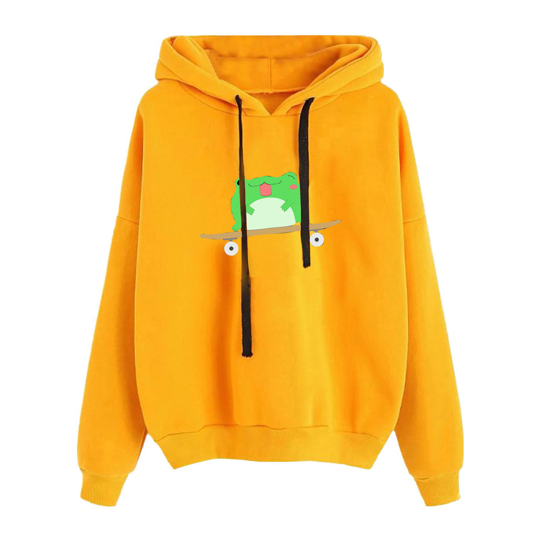 Damen nan kurz geschnittener Cropped-Kapuzenpullover mit niedlicher Frosch-Illustration und verstellbarer Kapuze Shop Nory