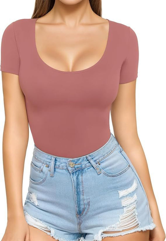 Damen figurbetontes Kurzarm-Body mit rundem Ausschnitt und nahtlosem Design