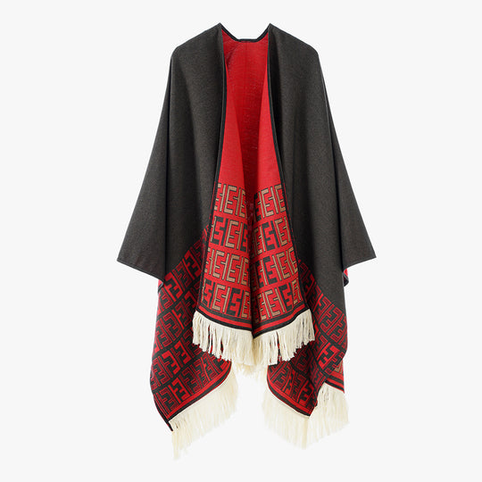 Damen Wendbarer Jacquard-Capeüberwurf mit Monogramm‑Bordüre und Fransen Shop Nory