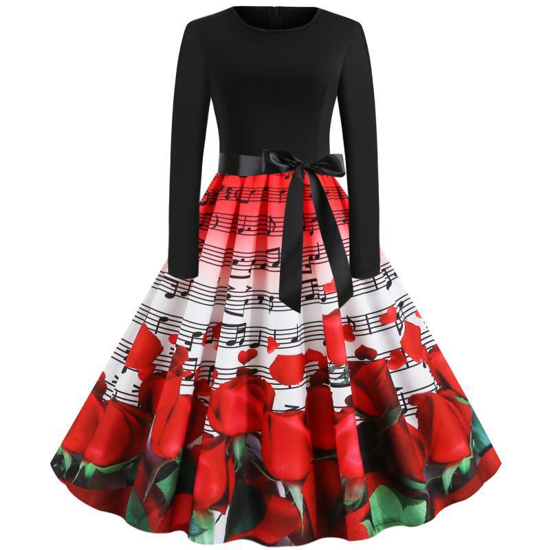 Damen tailliertes A-Linien Kleid mit Noten- und Rosenprint Langarm und Taillenschleife Shop Nory
