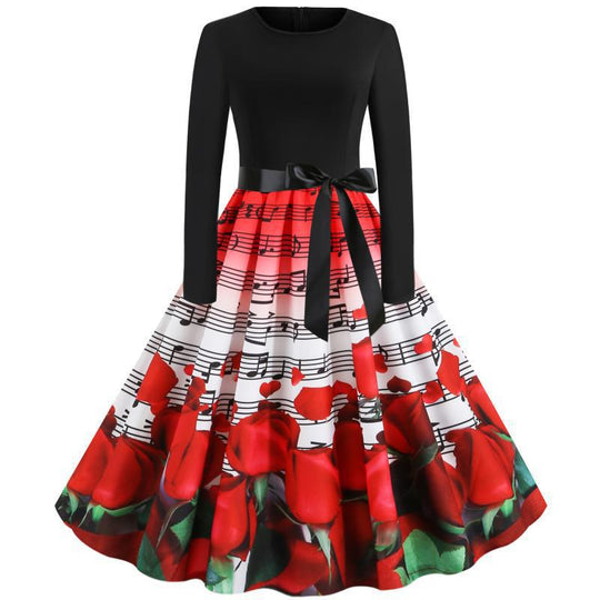 Damen tailliertes A-Linien Kleid mit Noten- und Rosenprint Langarm und Taillenschleife Shop Nory
