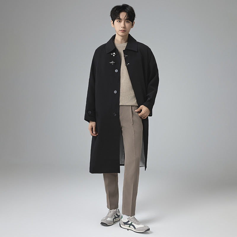 Herren Lang geschnittener Mantel im modernen Duffle‑Stil mit Knebelverschlüssen und gestreiftem Innenfutter Shop Nory