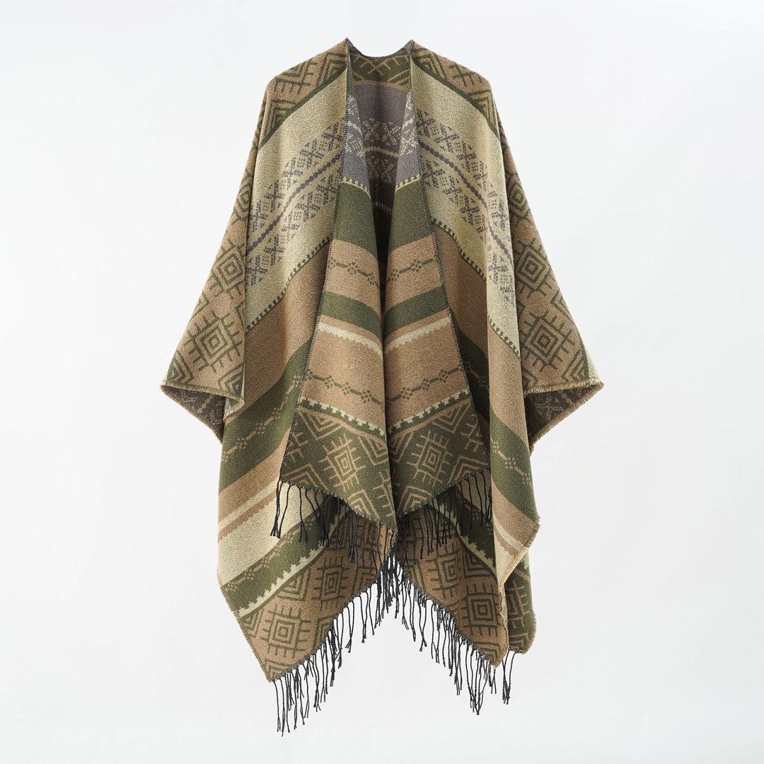 Damen Woven Jacquard-Poncho mit geometrischem Ethno-Muster und Fransensaum Shop Nory