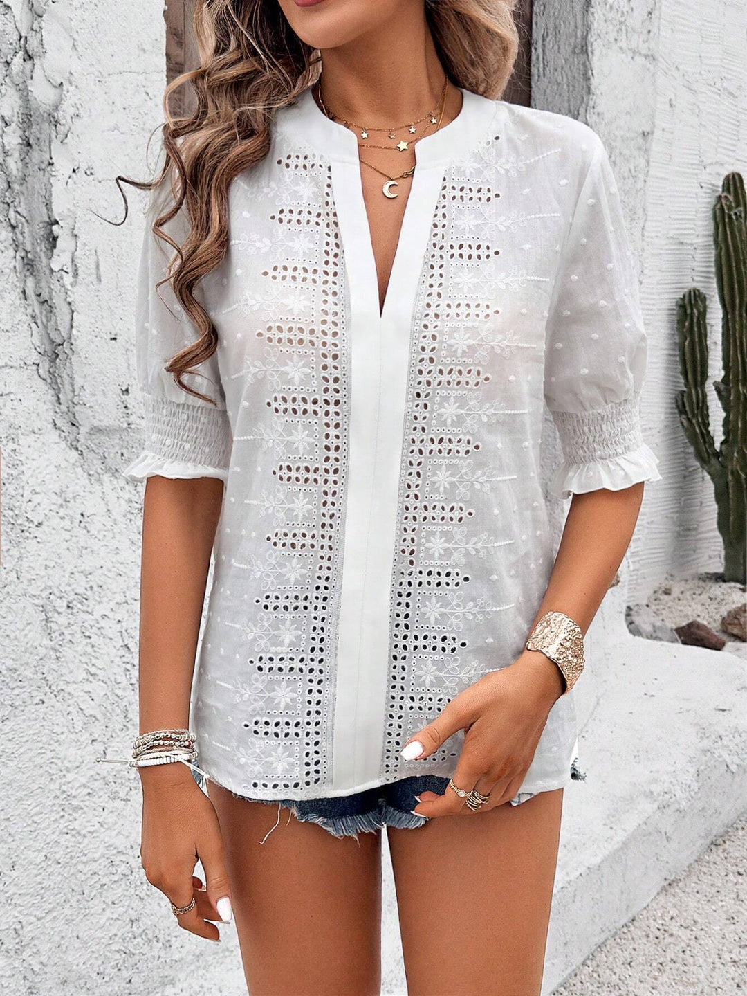 Damen Boho-Tunika mit Broderie-Anglaise und gerafften 3/4-Ärmeln Shop Nory