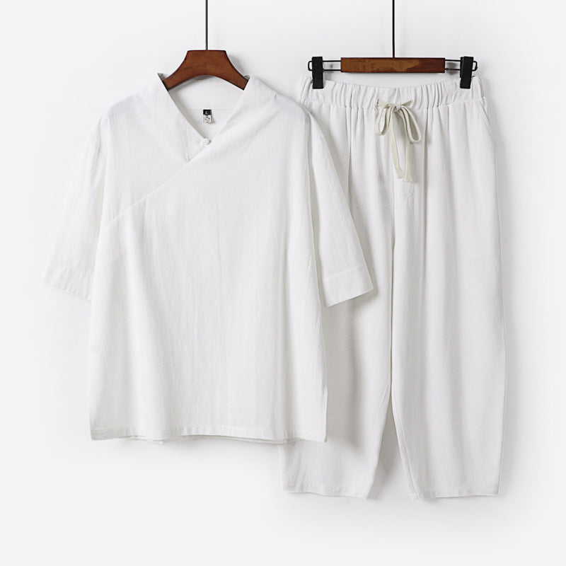Herren Atmungsaktives Leinen-Baumwoll Lounge-Set mit asymmetrischem V-Kragen und elastischer Kordelhose Shop Nory