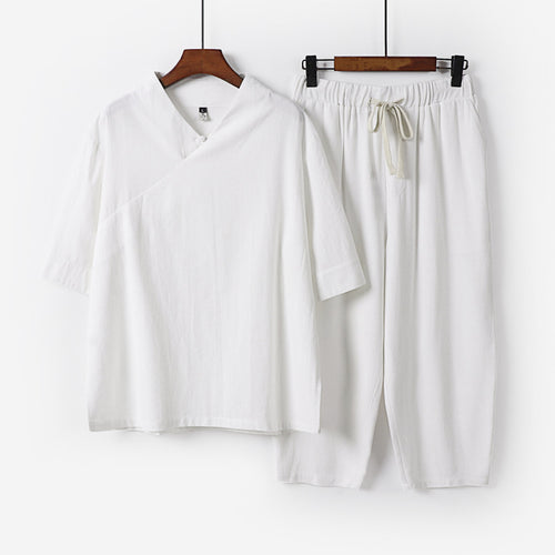 Herren Atmungsaktives Leinen-Baumwoll Lounge-Set mit asymmetrischem V-Kragen und elastischer Kordelhose Shop Nory