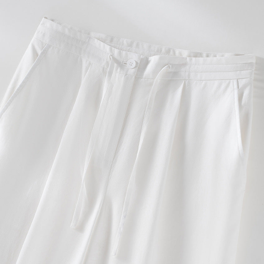 Damen Culotte-ähnliche Leinenhose mit Tunnelzug, Bundfalten und geradem Bein Shop Nory