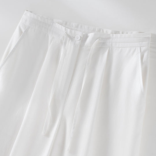 Damen Culotte-ähnliche Leinenhose mit Tunnelzug, Bundfalten und geradem Bein Shop Nory
