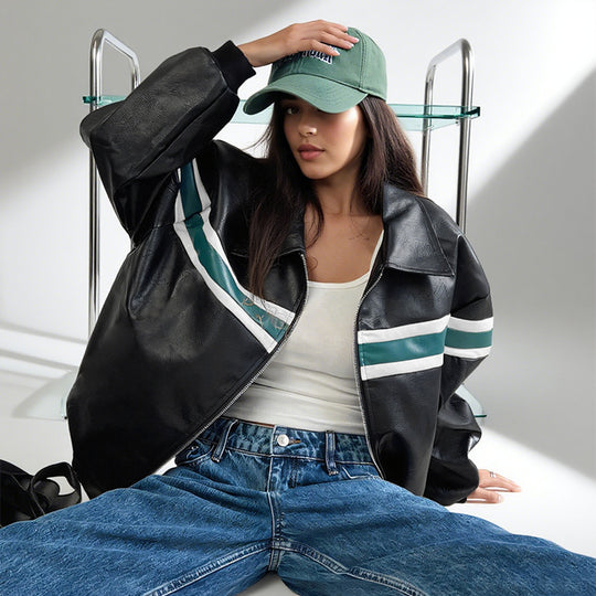 Damen Kunstleder-Bomberjacke mit Retro-Streifen und durchgehendem Reißverschluss Shop Nory