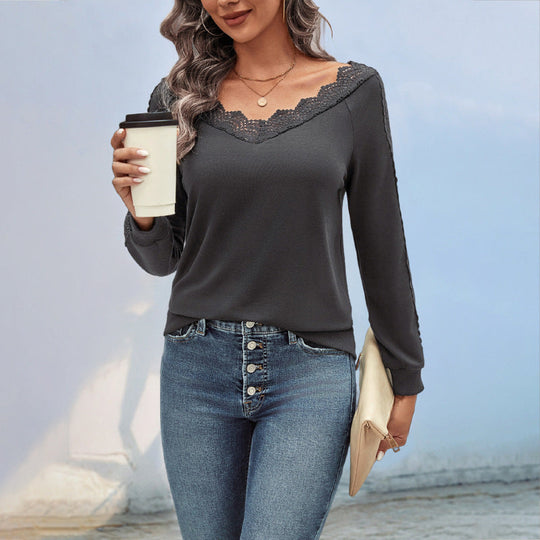 Damen Feinstrick-Longsleeve mit Spitzen-V-Ausschnitt und Spitzenbesatz an den Ärmeln Shop Nory