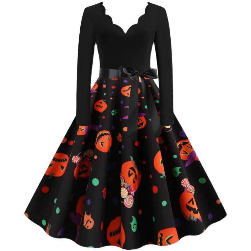 Damen Retro-Festliches Halloween-Kleid mit gewelltem Ausschnitt, taillierter Schnitt und weichem Tellerrock Shop Nory