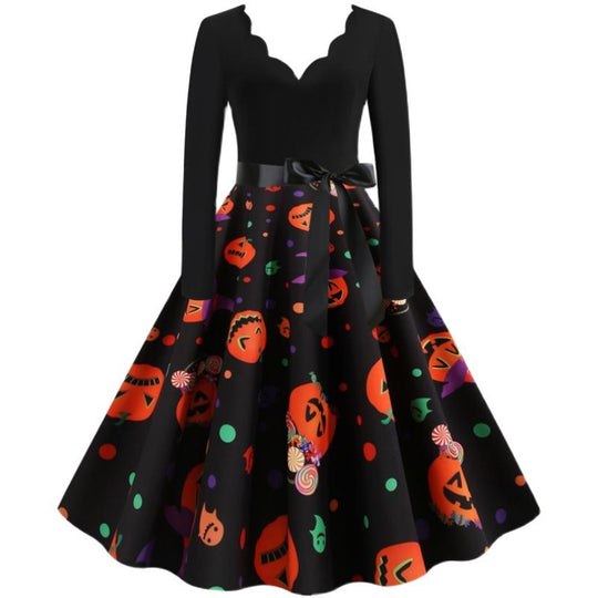 Damen Retro-Festliches Halloween-Kleid mit gewelltem Ausschnitt, taillierter Schnitt und weichem Tellerrock Shop Nory